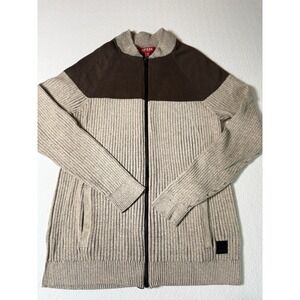 GUESS Los Angeles Men's Zip Up‎ Sweater Small Beige Brown Ribbed Knit Full Zip
